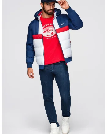 Geaca cu gluga si model colorblock, Rosu/Alb/Albastru royal
