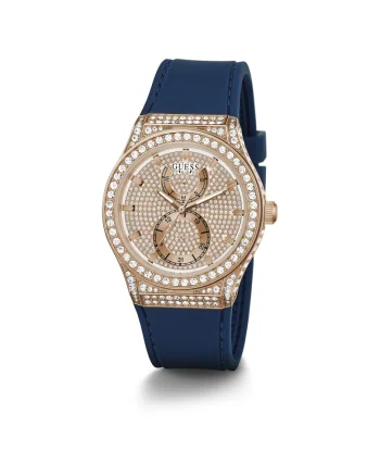 Ceas de mana femei  Princess, 39mm, inox, curea silicon, albastru, cadran rose gold, rezistent la apa 3 ATM