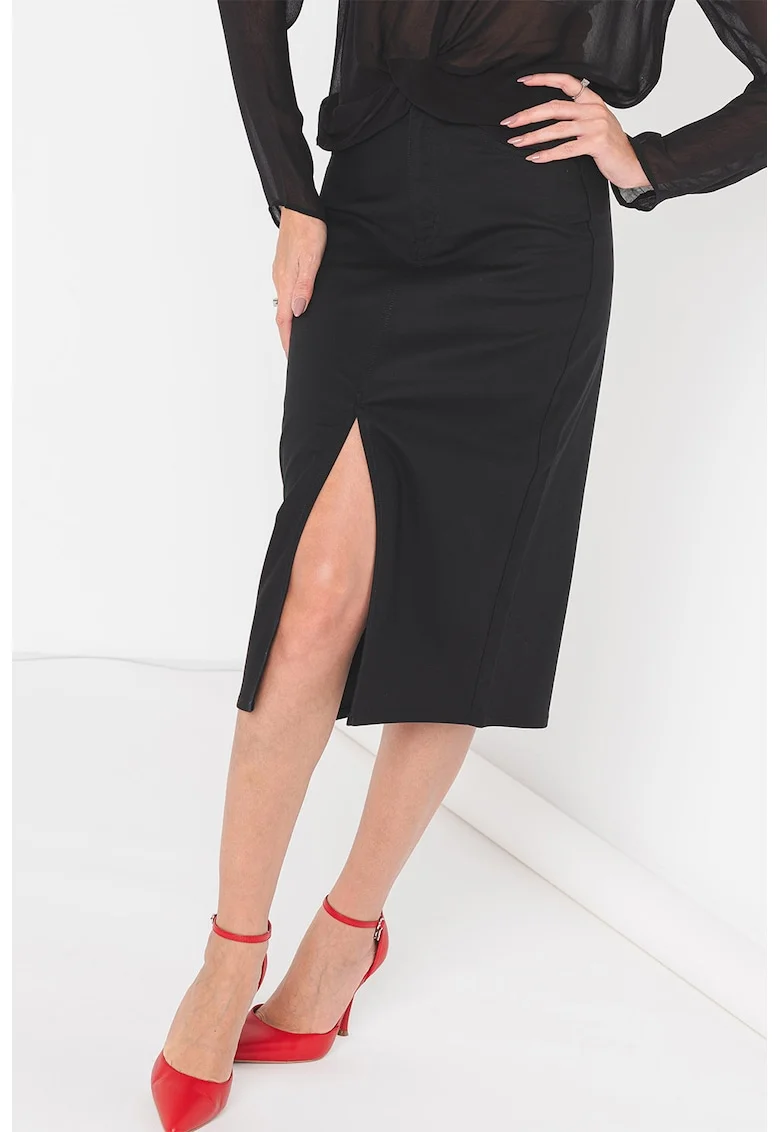 Fusta midi dreapta cu slit frontal, Negru
