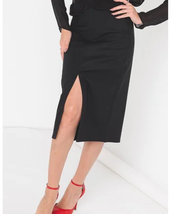 Fusta midi dreapta cu slit frontal, Negru