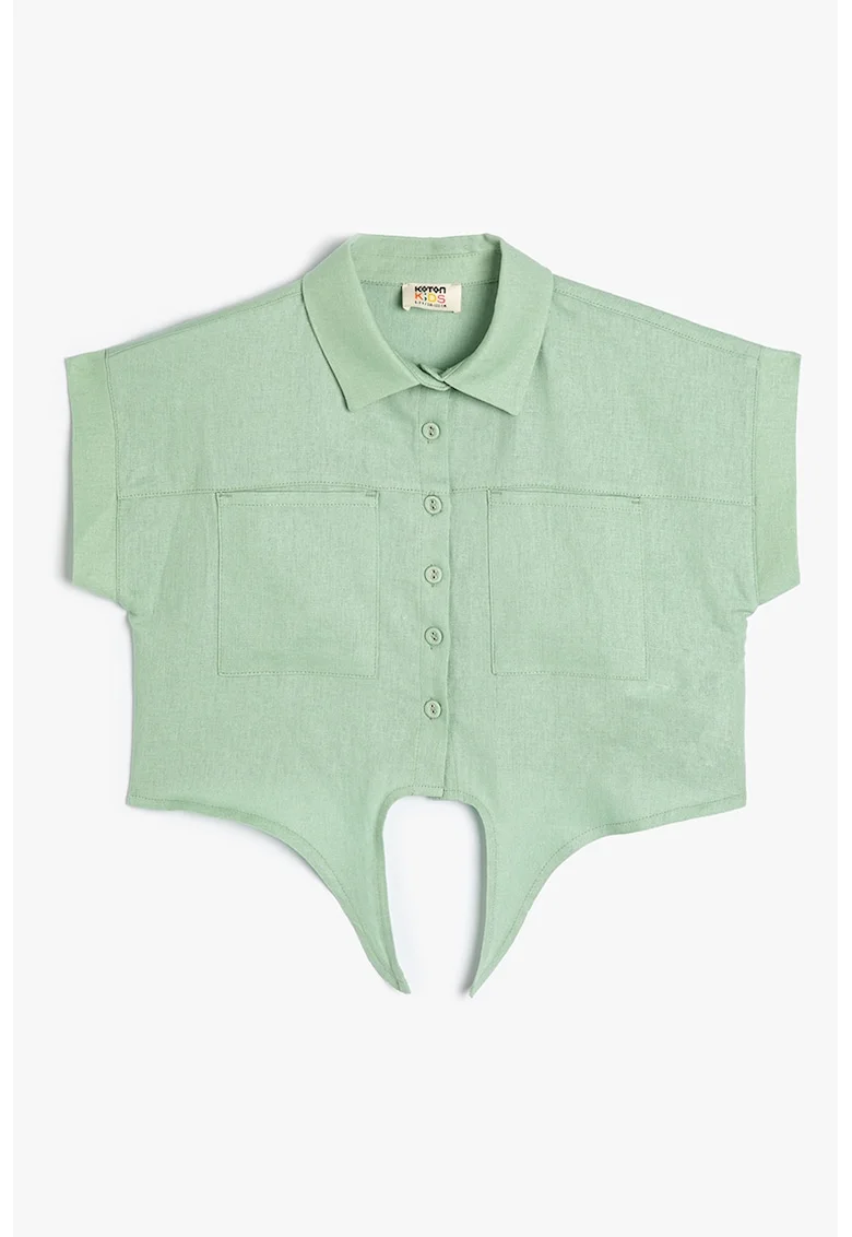 Camasa crop din amestec de in cu buzunare aplicate, Verde deschis
