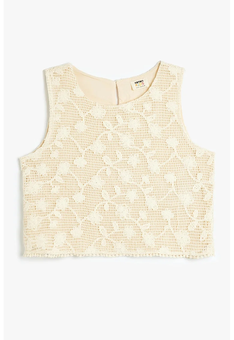 Top crop cu broderii, Alb/Bej