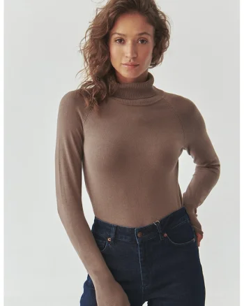 Pulover uni cu guler inalt, Maro taupe