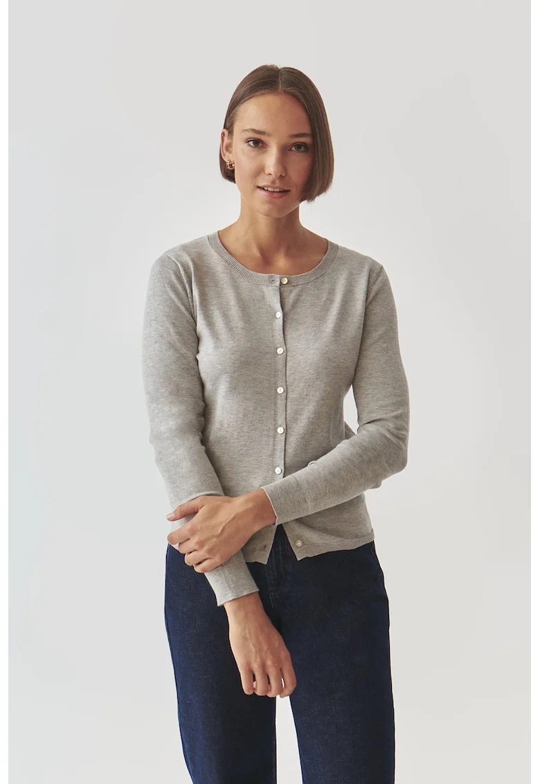 Cardigan uni tricotat fin, Gri deschis melange