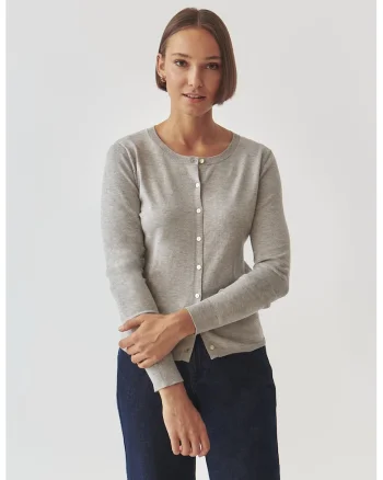 Cardigan uni tricotat fin, Gri deschis melange