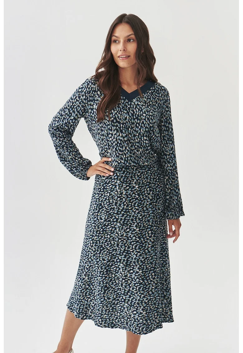 Rochie midi cu model si decolteu in V, Negru/Albastru prafuit