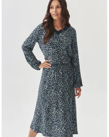 Rochie midi cu model si decolteu in V, Negru/Albastru prafuit