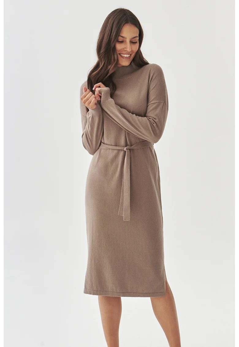 Rochie-pulover din amestec de lana cu un cordon in talie, Maro taupe deschis