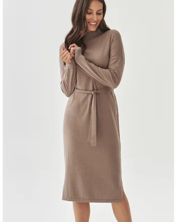 Rochie-pulover din amestec de lana cu un cordon in talie, Maro taupe deschis