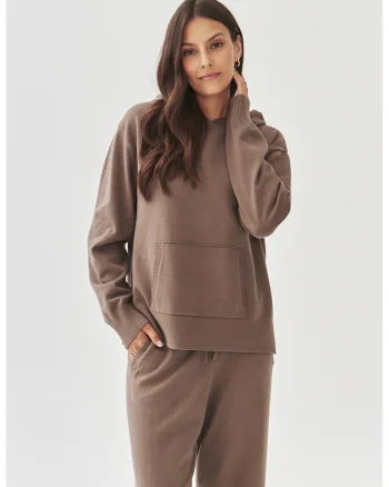 Pulover tricotat fin cu buzunar kangaroo, Maro taupe