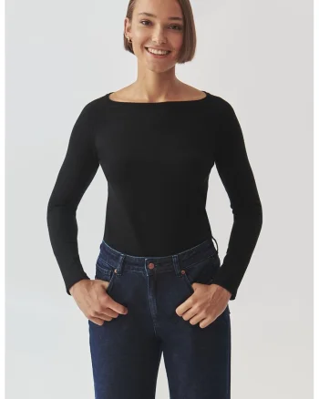 Pulover tricotat fin cu decolteu barcuta, Negru