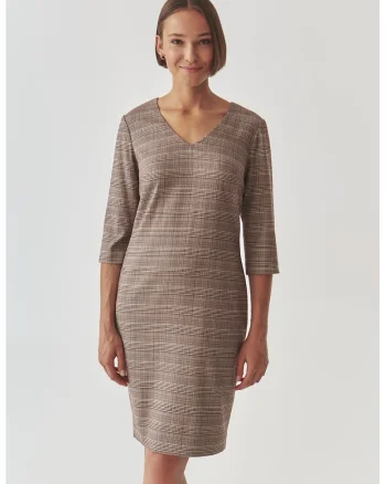 Rochie in carouri cu decolteu in V, Maro taupe deschis