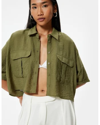 Camasa crop cu maneci cazute, Verde