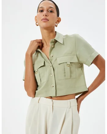 Camasa crop cu buzunare pe piept, Verde