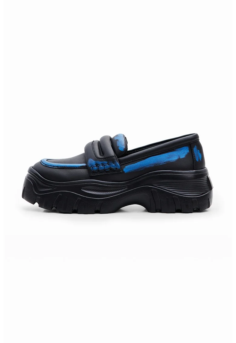 Pantofi loafer de piele ecologica, Negru/Albastru royal