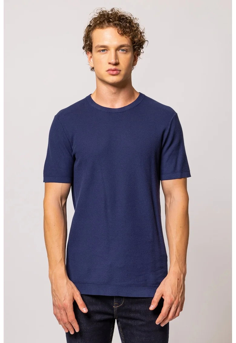 Tricou de bumbac cu decolteu la baza gatului Maldo, Albastru inchis