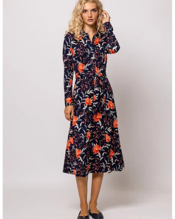 Rochie cu imprimeu si cordon in talie, Alb/Coral/Bleumarin