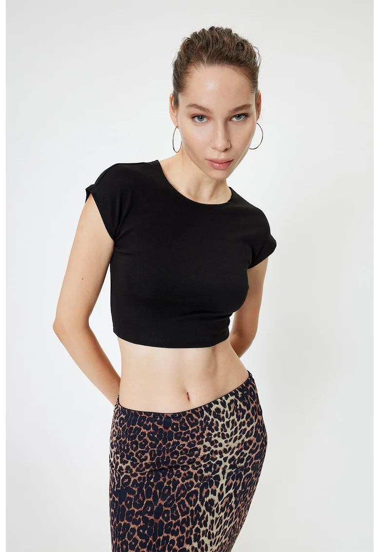 Tricou crop slim fit din amestec de modal, Negru