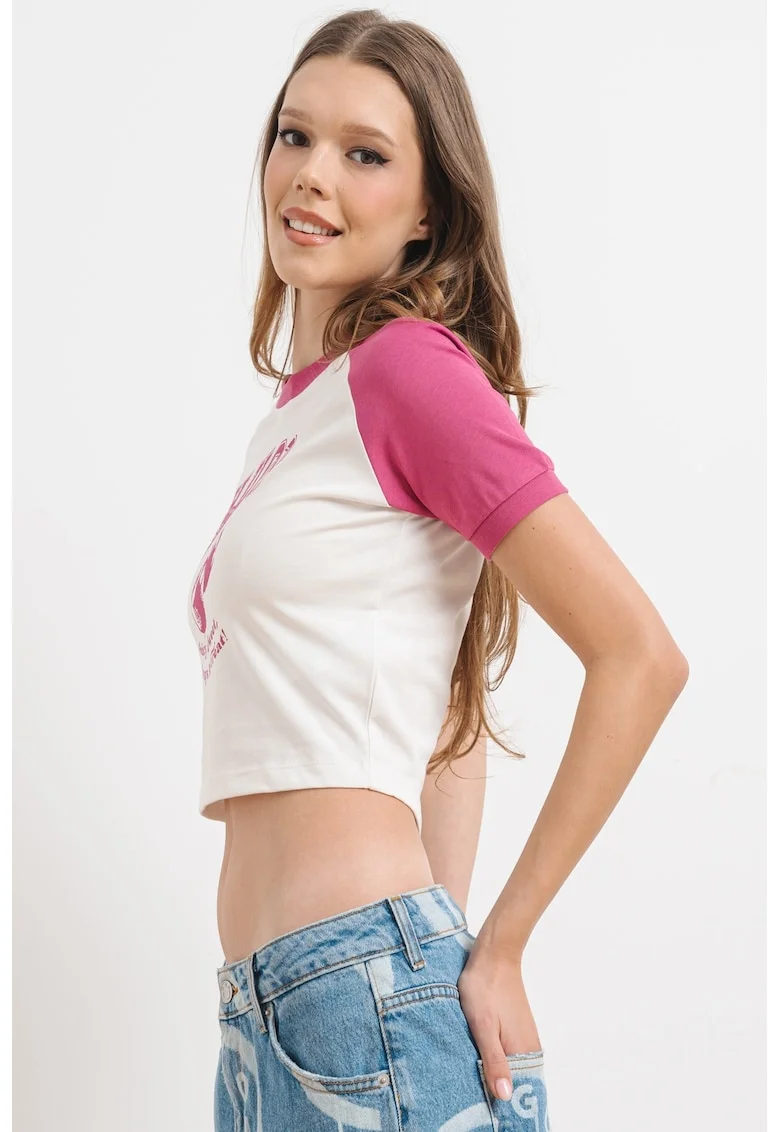 Tricou crop de bumbac, Alb/Roz zmeuriu