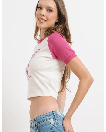 Tricou crop de bumbac, Alb/Roz zmeuriu