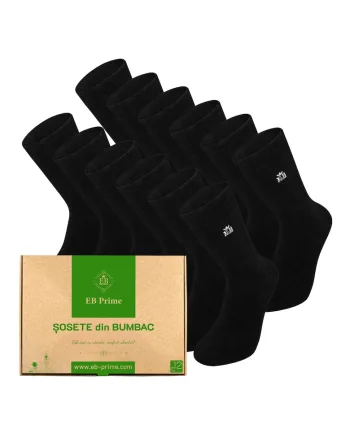 Set 12 perechi, Sosete clasice din bumbac pieptanat, Cutiuta "Rezerva Lunara"  fara cusatura, respirabile si confortabile, Negru