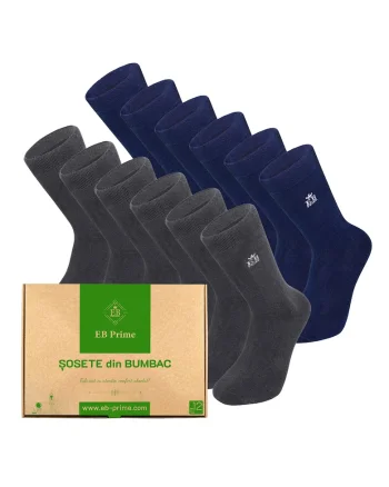 Set 12 perechi, Sosete clasice din bumbac pieptanat, Cutiuta "Rezerva Lunara"  fara cusatura, respirabile si confortabile, Gri/Albastru