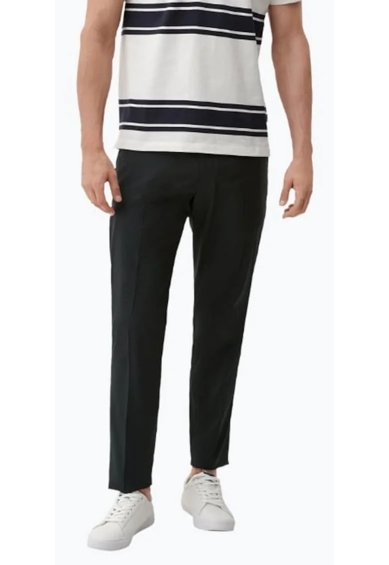 Pantaloni costum barbati din amestec de in si poliester cu croiala Slim fit, Negru, Negru