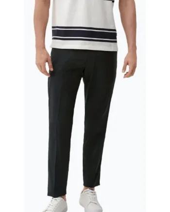Pantaloni costum barbati din amestec de in si poliester cu croiala Slim fit, Negru, Negru