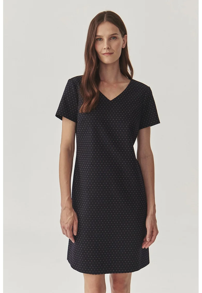 Rochie cu buline si decolteu in V, Negru/Maro nisip