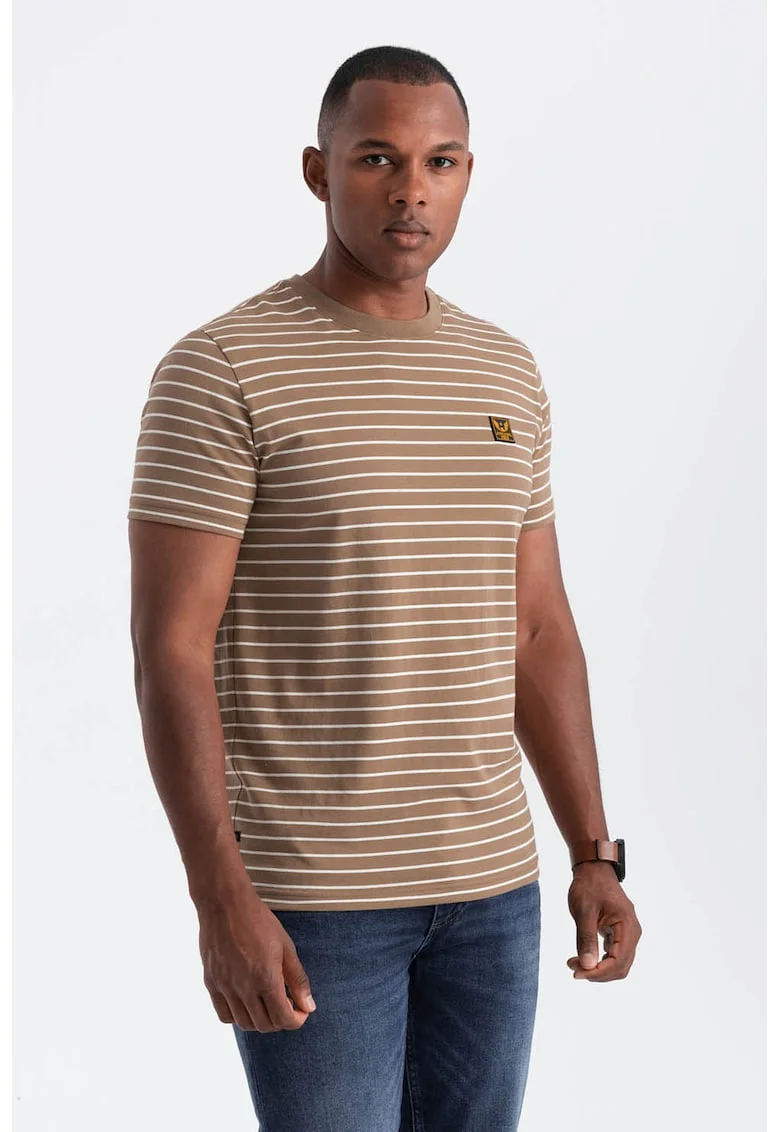 Tricou din amestec de bumbac cu dungi, Maro/Alb murdar