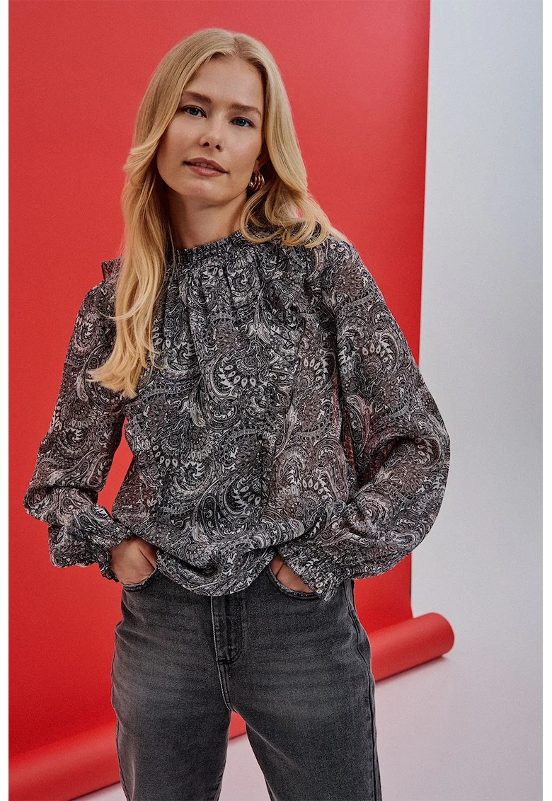 Bluza cu model paisley si decolteu la baza gatului, Gri