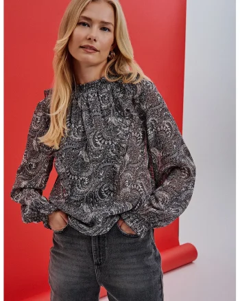 Bluza cu model paisley si decolteu la baza gatului, Gri