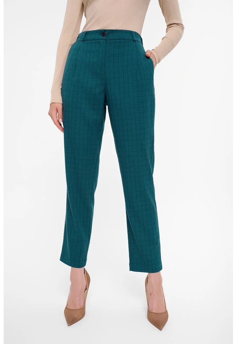 Pantaloni crop chino cu model in carouri, Verde