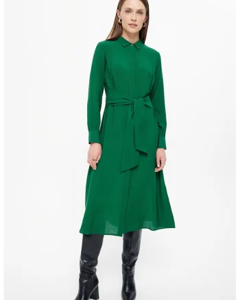 Rochie evazata cu cordon in talie, Verde