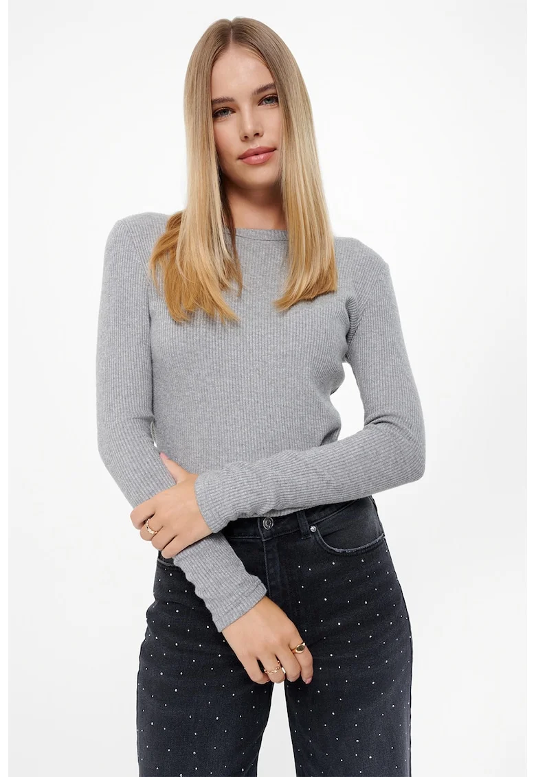 Bluza cu striatii si decolteu rotund, Gri deschis