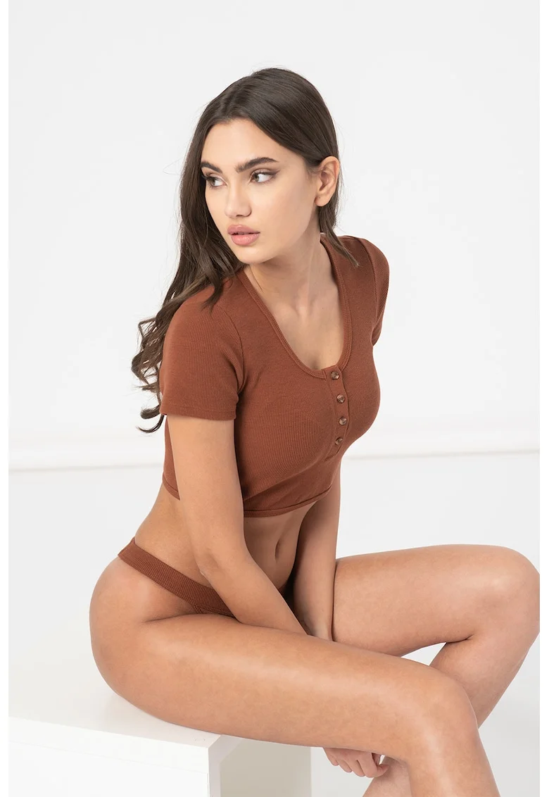 Tricou crop de casa cu aspect striat, Caramiziu