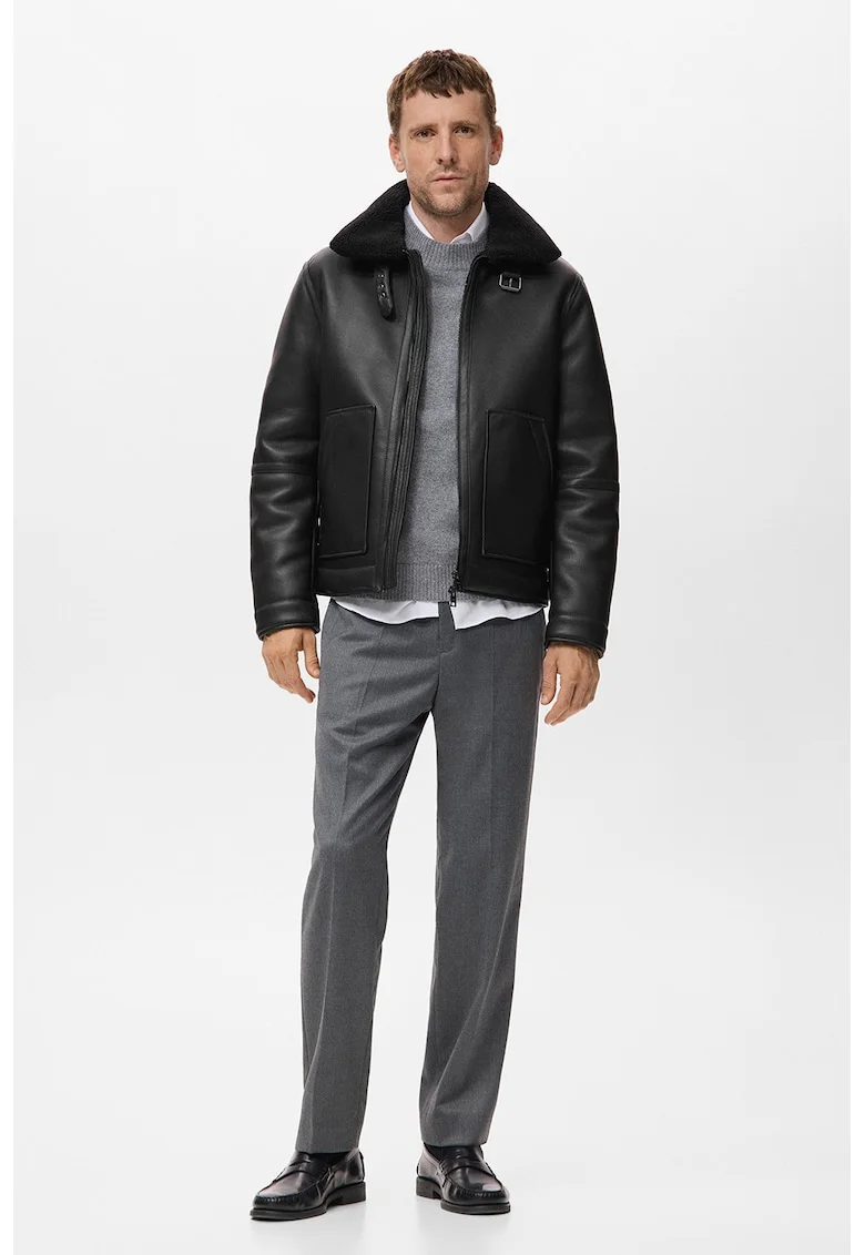 Jacheta din fleece de piele sintetica, Negru