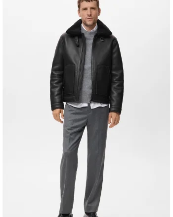 Jacheta din fleece de piele sintetica, Negru
