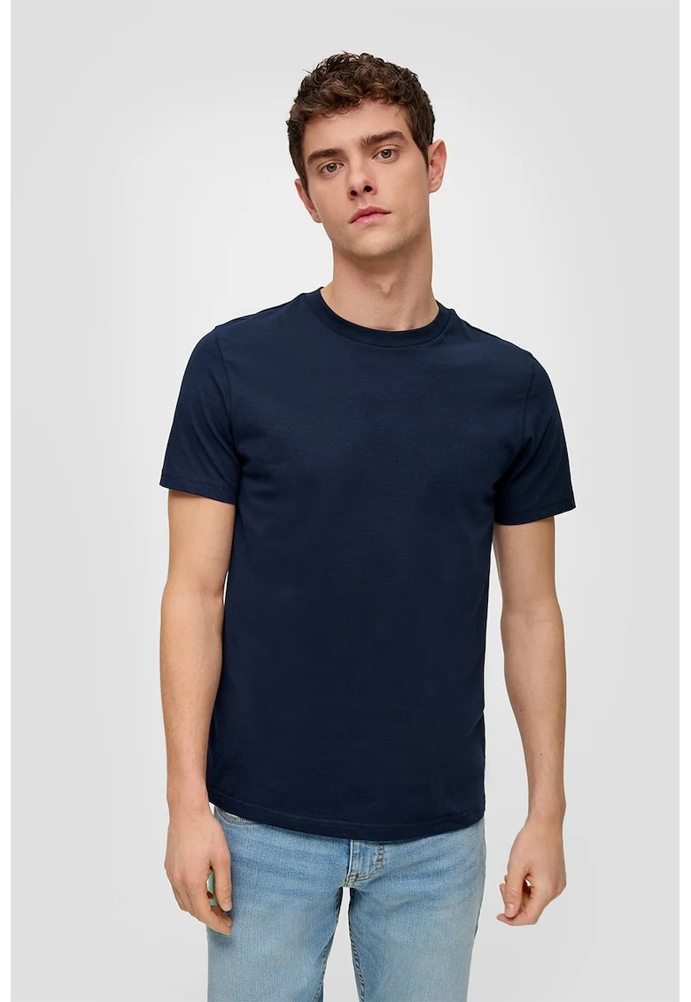 Tricou de bumbac cu decolteu la baza gatului, Bleumarin