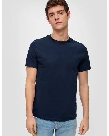 Tricou de bumbac cu decolteu la baza gatului, Bleumarin