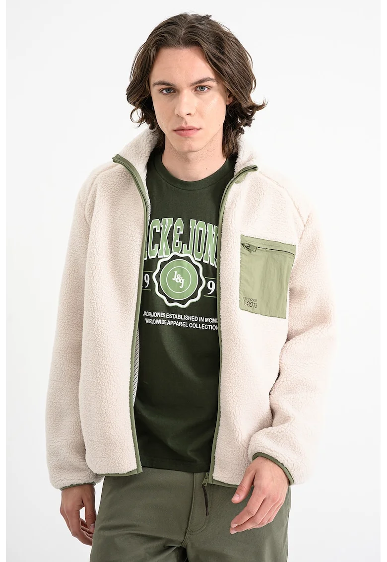 Jacheta din material sherpa cu fermoar, Verde/Crem