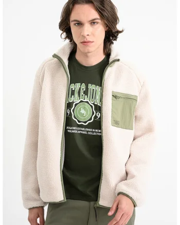 Jacheta din material sherpa cu fermoar, Verde/Crem