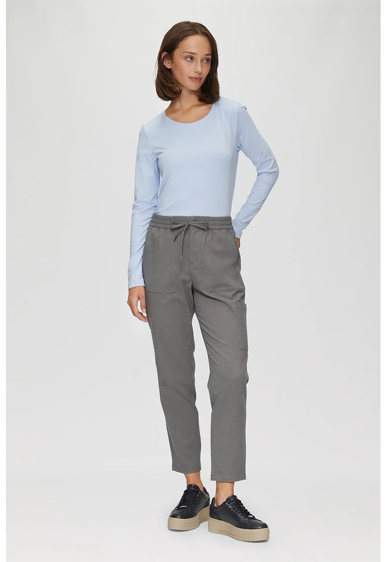 Pantaloni drepti crop cu snur, Gri deschis