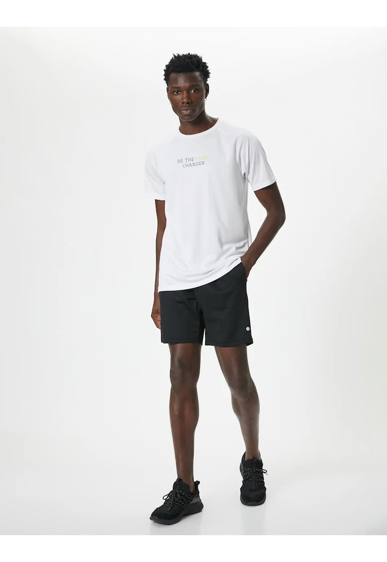 Tricou cu decolteu la baza gatului si imprimeu text, Alb