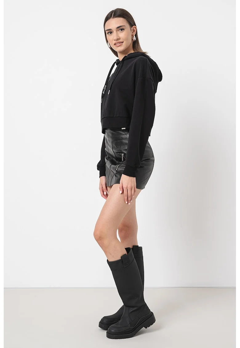 Hanorac crop cu logo, Negru