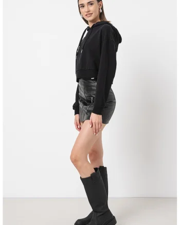 Hanorac crop cu logo, Negru