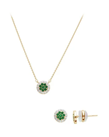 Set colier si cercei decorati cu zirconia, Verde/Auriu/Argintiu