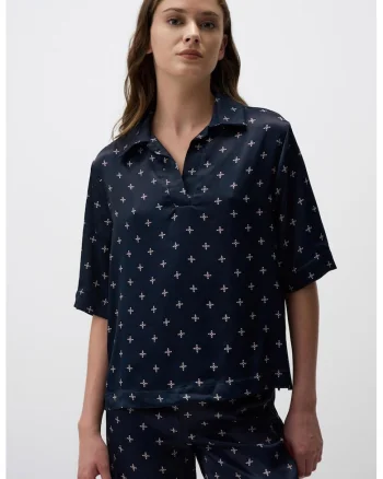 Bluza polo lejera din satin, Bleumarin