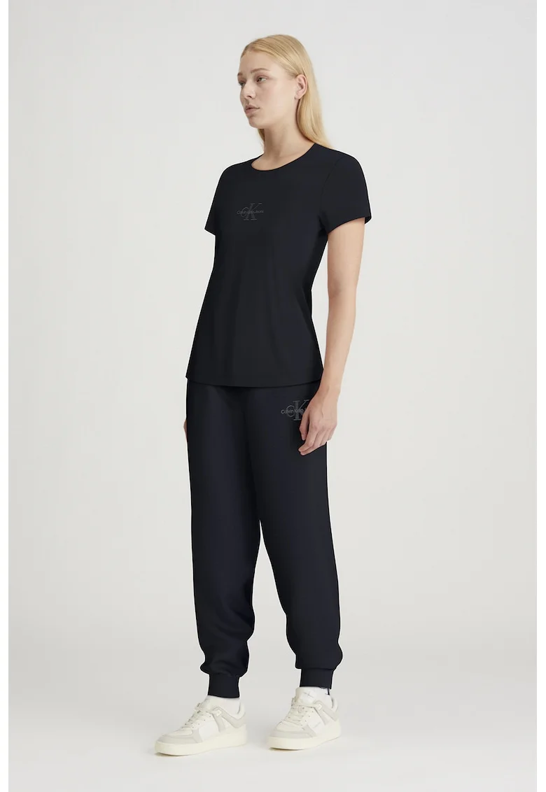 Pantaloni de trening cu logo si talie inalta, Gri antracit