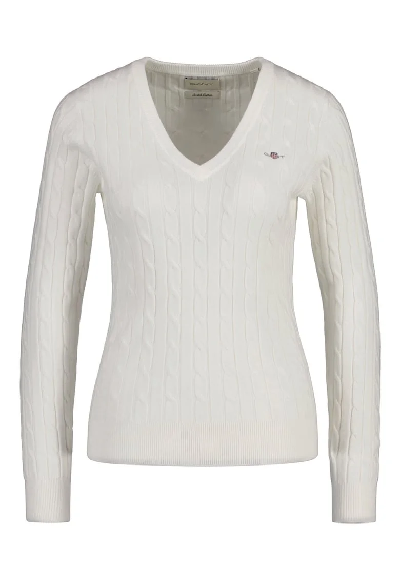 Pulover slim fit cu model torsade si decolteu in V, Alb murdar